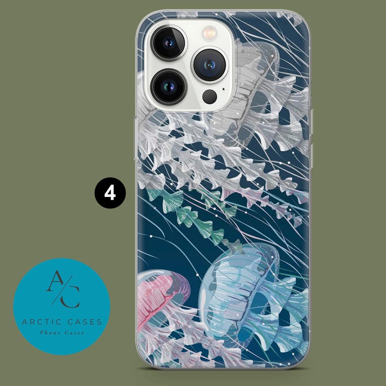 May include: A clear phone case with a design of jellyfish in shades of blue, pink, and white on a dark blue background.