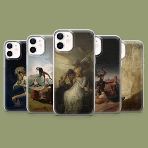 May include: A collection of five phone cases featuring classic art prints. The cases display various dark, gothic-style paintings with figures and scenes in muted tones. Each case has a clear, protective cover.