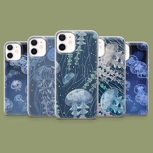 May include: Five different phone cases with a jellyfish design. The cases are clear and show a blue and white jellyfish pattern. The cases are all for the same phone model.