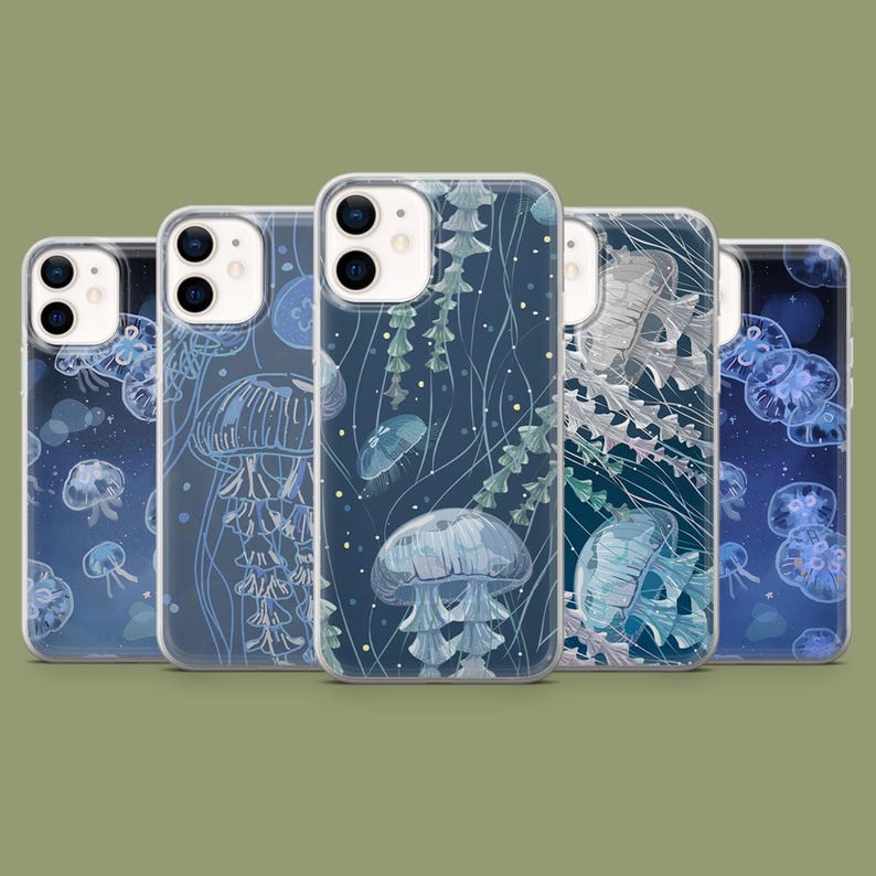 May include: Five different phone cases with a jellyfish design. The cases are clear and show a blue and white jellyfish pattern. The cases are all for the same phone model.