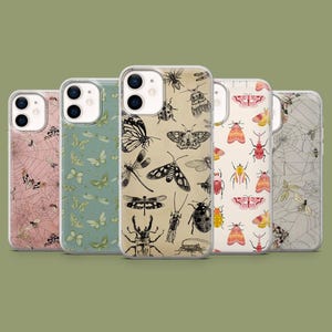 May include: Set of six clear phone cases with different insect and butterfly designs. The cases feature a variety of insects, including butterflies, moths, beetles, and spiders. The designs are printed on a clear background, allowing the phone's color to show through.