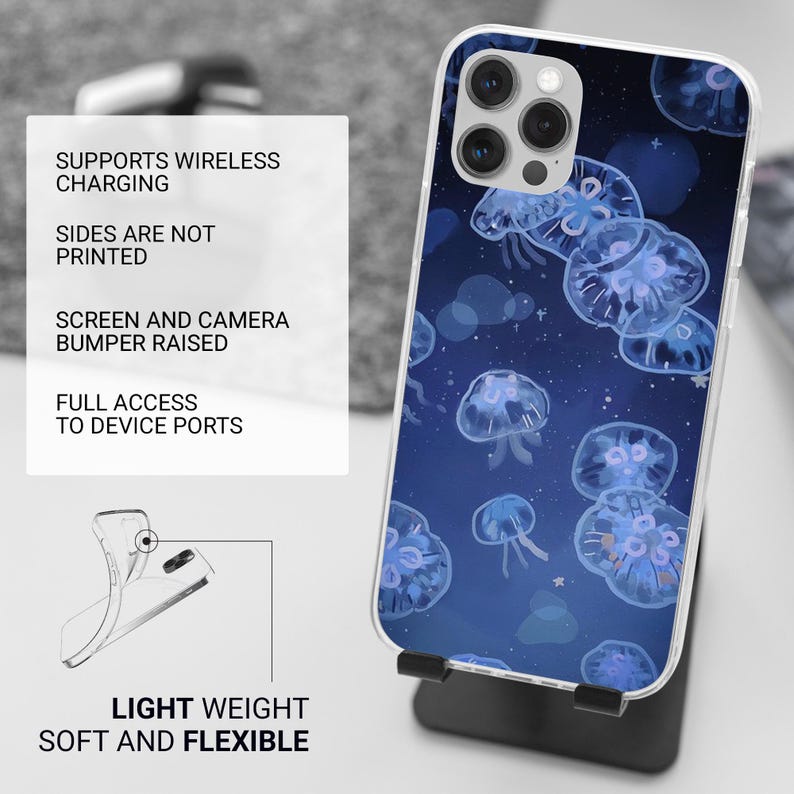 May include: A clear phone case with a blue background and a pattern of white jellyfish. The case has a raised bumper to protect the screen and camera. It supports wireless charging and has full access to device ports. The case is lightweight and flexible.