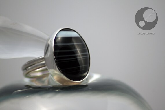 Silver Ring Onyx Ring Black And White Ring Striped Ring Etsy
