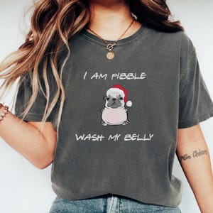 Pode incluir: T-shirt cinza escuro com o texto "I AM PIBBLE WASH MY BELLY" e um desenho animado de um pug com um gorro de Papai Noel. O pug é branco e rosa com o rosto preto. A camisa é de estilo casual.