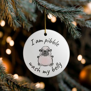 Pode incluir: Enfeite de Natal redondo de cerâmica branca com uma ilustração de pug e o texto "I am pibble wash my belly". O pug é cinza claro com uma barriga rosa. Uma corda dourada está presa para pendurar.