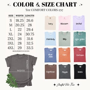 May include: Color and size chart for Comfort Colors 1717 tees. Includes measurements in inches for sizes S to 4XL. The chart displays various tee colors: Ivory, Blossom, Orchid, Chambray, Bay, Light Green, Blue Jean, Yam, Crimson, Espresso, Pepper, and Black.