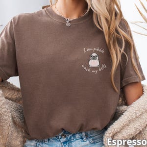Pode incluir: Camiseta cor de café com um pequeno gráfico de um pug e o texto "I am pibble wash my belly." A camisa tem um corte folgado e mangas curtas. A palavra "Espresso" está no canto inferior direito.