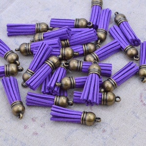1.5&#39;&#39; mini tassels, 50 pcs purple tassel charms, faux suede leather tassel with antique bronze plastic cap
