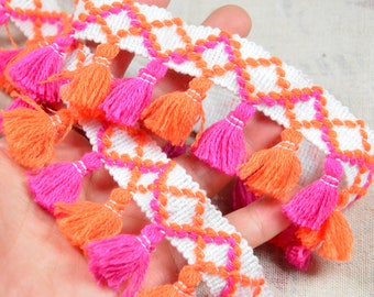 10ft Orange and Rose tassels fringe trim, Geometric diamond pattern tape with tassels, fringe tassels ribbon for DIY crafts