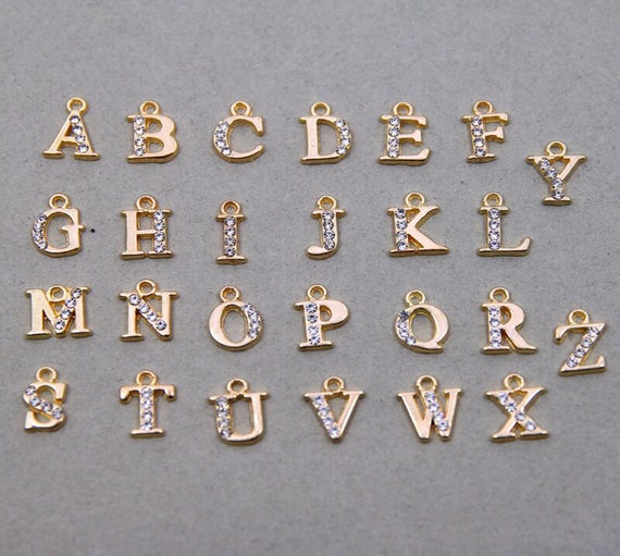 1 Full 26 Pcs Glitter Rhinestone Letter Charms, Shiny Gold Plated