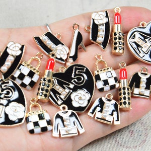 Collection 18 Enamel charms, Black and White Oil drop charms, pearl alloy charms, Gold metal Assorted charms