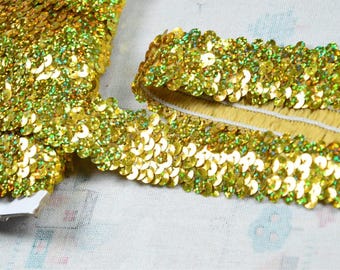 Ribete de lentejuelas elásticas holográficas doradas de 3 filas y 1,2'' de ancho cortado a medida