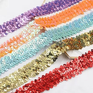 3 yds/5 yds/10yds 3cm width Stretch Sequin ribbon, Glitter Sequin tape 2 Row Elastic tape, Assorted color sequin trim for sewing decoration