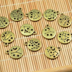 Wholesale 12 pcs Round Zodiac sign charms, antique bronze alloy Zodiac discs for Astrology bracelets 13mm