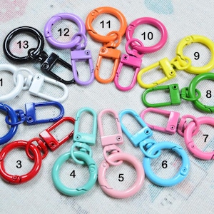 May include: A collection of colorful metal swivel clasps and split rings in various colors, including white, blue, red, teal, pink, yellow, green, orange, purple, and black. These clasps are ideal for keychains, lanyards, and other craft projects.