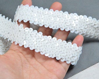 Ribete de lentejuelas blancas de 3 yds/10 yds, borde de lentejuelas elásticas de 3 cm de ancho, cinta de lentejuelas con brillantina, cinta de encaje de lentejuelas elástica para decoración de disfraces