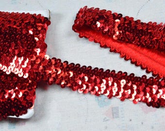 Ribete de lentejuelas rojas con brillantina de 3 cm de ancho, ribete de costura de cinta de lentejuelas elástica cortado a medida
