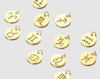 Conjunto de 12 pingentes com signos do zodíaco, discos do zodíaco em aço inoxidável banhado a ouro, pingentes dourados com argola, acessórios de moda para faça você mesmo