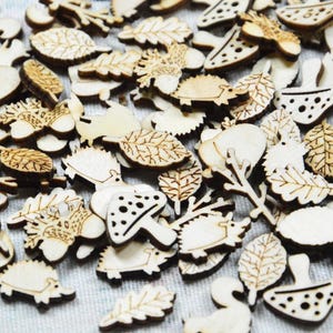 50 pcs Assorted wood charm, Assorted wood squirrel Mushroom leaves flowers pine cones collection, DIY painting woods for Baby crafts
