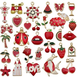 Mixed 31 Enamel charms, Red style antique charms, Gold Plated metal charm collection, Assorted charms for DIY bracelet
