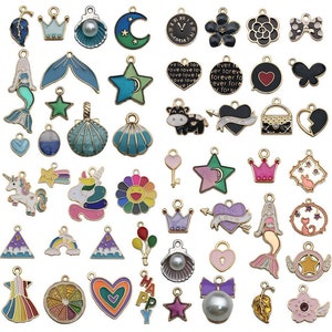 Mixed 50 Enamel charms, Assorted Oil drop Gold alloy charms collection, Bulk jewelry charms