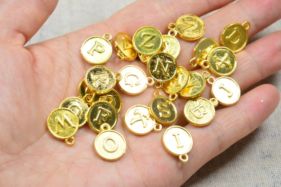 Wholesale 26 Pcs/50 Pcs Initial Letter Beads, Gold Alloy Alphabet Letter  Discs, Round Letter Charms for Jewelry Making 12mm 