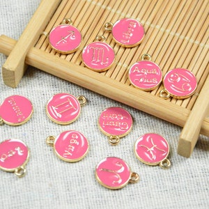 Wholesale 12 or 10 Zodiac charms, Double sided Rose Enamel zodiac signs, Astrology Zodiac disc beads 12mm