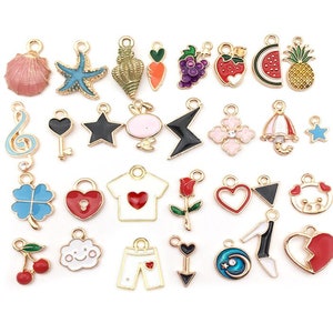 Mixed 30 Enamel charms, Assorted Gold plated Alloy charms Collection Wholesale charms, antique charms for DIY crafts