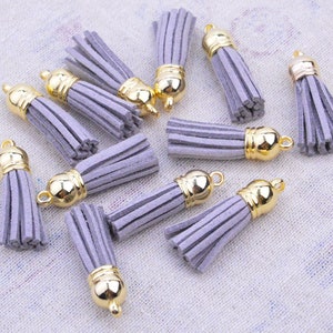 1.5&#39;&#39; mini tassels, 50 pcs tassels for keychains, Grey faux suede leather tassel with gold plastic cap