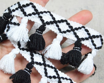 10ft Tassel fringe ribbon trim, White and black fringe tassel ribbon, Geometric Diamond tape with tassels