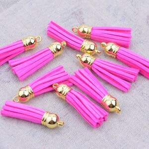 50pcs mini tassels, 1.5&#39;&#39; Neon Rose faux suede leather tassel with gold plastic cap