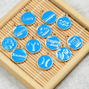 10 pcs Blue Enamel Zodiac charms, gold plated oil drop Zodiac sign discs, Astrology Zodiac jewelry charms 12mm