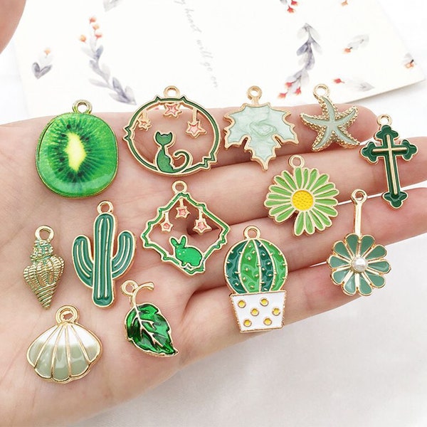 Assorted 31 Enamel charms, Green Enamel Theme Gold metal charms collection, DIY jewelry charm pendant