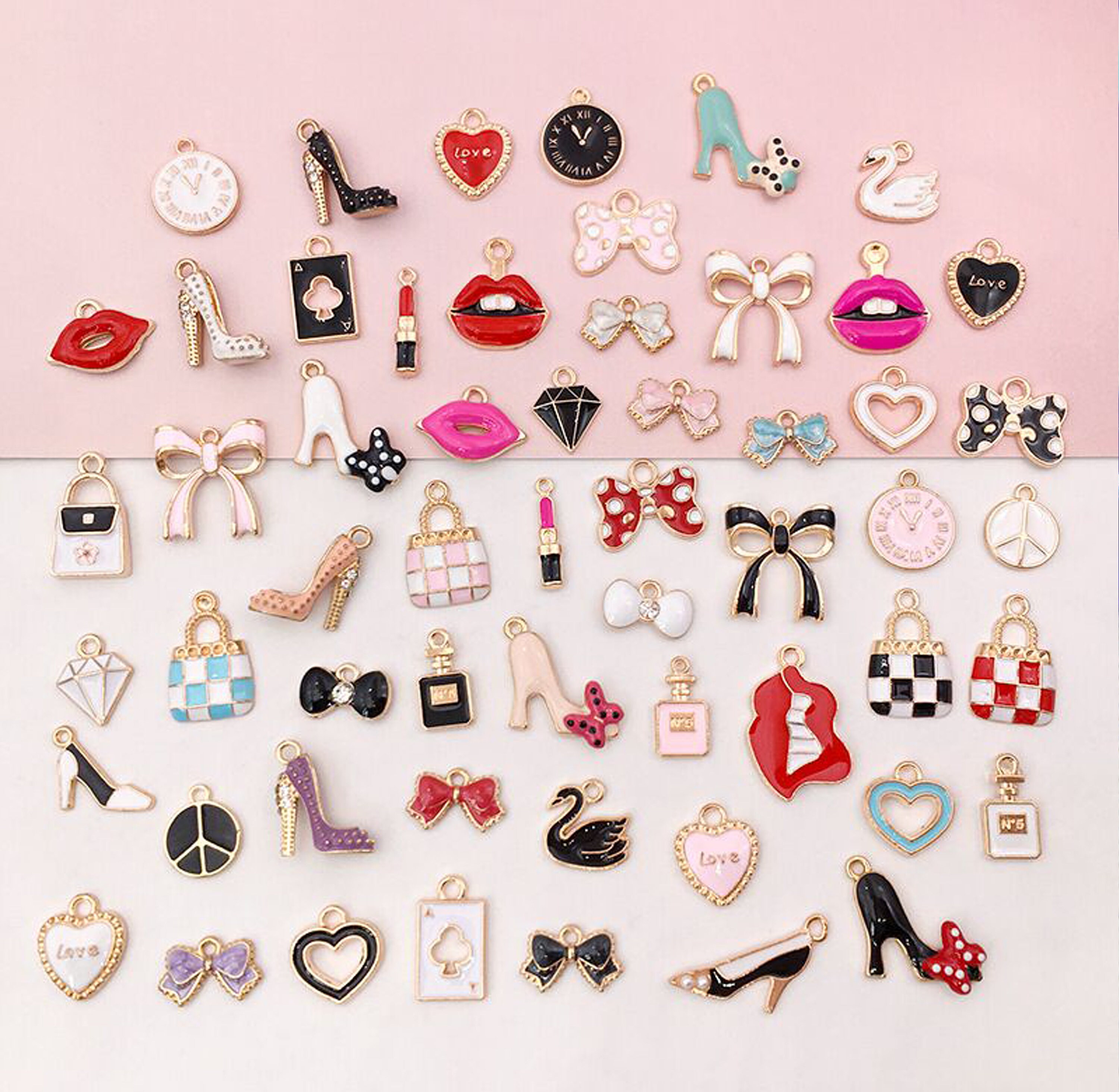 Bulk 100 Enamel Charms, Mixed Jewelry Charms, Gold Plated Metal