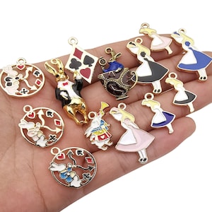 Mixed 19 Enamel charms, Alice and Poker Series Gold alloy charm Collection, DIY jewelry charms