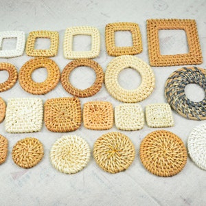 4 pcs Natural Rattan charms, Square/Round/Circle Handwoven rattan pieces earring findings