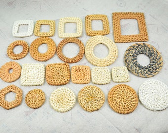 4 pcs Natural Rattan charms, Square/Round/Circle Handwoven rattan pieces earring findings
