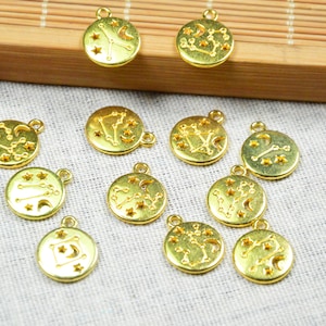 Wholesale 12 pcs Round gold metal zodiac signs, round zodiac bead charms, Astrology charms for birthday jewelry 13mm