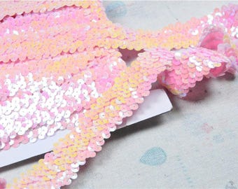 Ribete de lentejuelas cortado a medida, ribete de costura con lentejuelas elásticas, cinta de lentejuelas rosa iridiscente de 3 cm de ancho