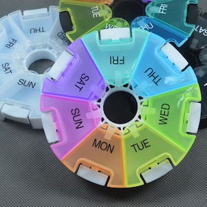 Può includere: Diversi portapillole circolari multicolori. Ogni portapillole è diviso in sette sezioni, etichettate con i giorni della settimana. I portapillole sono in tonalità di blu, verde, viola, arancione e nero. I coperchi sono traslucidi.