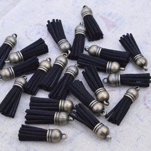 50pcs wholesale Tassels, 1.5'' mini tassels, black faux suede leather tassel with antique bronze plastic cap