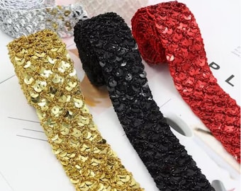 3 cm breed lint met pailletten, visschub pailletten, glitter lint met pailletten voor kostuums, cosplay, hoofdbanden, hoeden, danskleding, poppenkleertjes