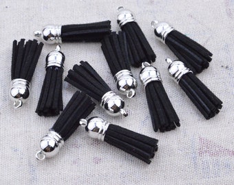 50 pcs Mini Tassels, Black Faux Suede leather tassel with Silver plastic Caps (1.5 inch)