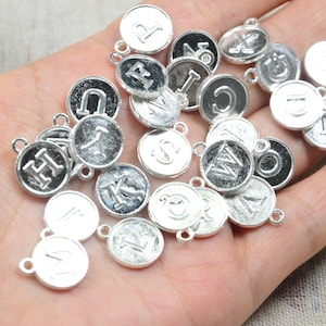 Wholesale 26 pcs&50 pcs Silver alloy letter charms, Round Initial letters, 12mm Letter disc charms