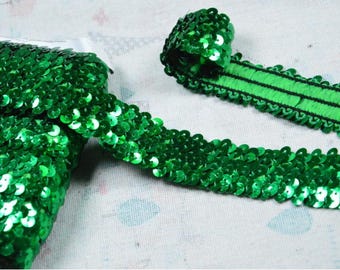 Ribete de lentejuelas verdes de 1,2'' de ancho, ribete de encaje de lentejuelas elásticas con purpurina, ribete de costura de lentejuelas