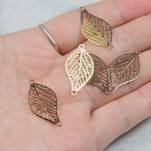 10/50 pcs gold brass leaves, Filigree leaf charms, Thin brass leaf slice 14x28mm