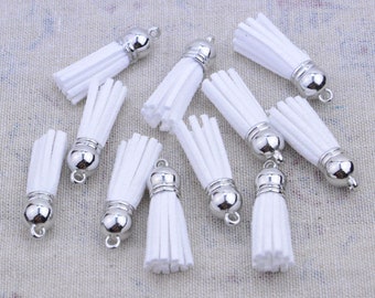 50 pcs mini tassels, White Faux Suede leather Tassel with silver plastic cap, Jewelry Keychain Charms (1.5'')