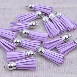 1.5&#39;&#39; mini tassels, 50 pcs Lt Orchid tassels for keychains, faux suede leather tassel with silver plastic cap