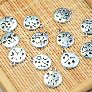 Wholesale antique silver Zodiac signs, round Zodiac charms, Alloy Zodiac disc for Constellation jewelry 13mm