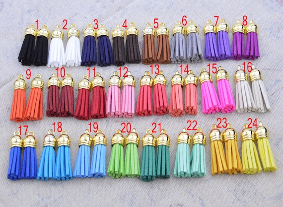 50pcs Assorted color mini tassels, tassels for keychains, 1.5'' faux suede leather tassel with gold plastic caps